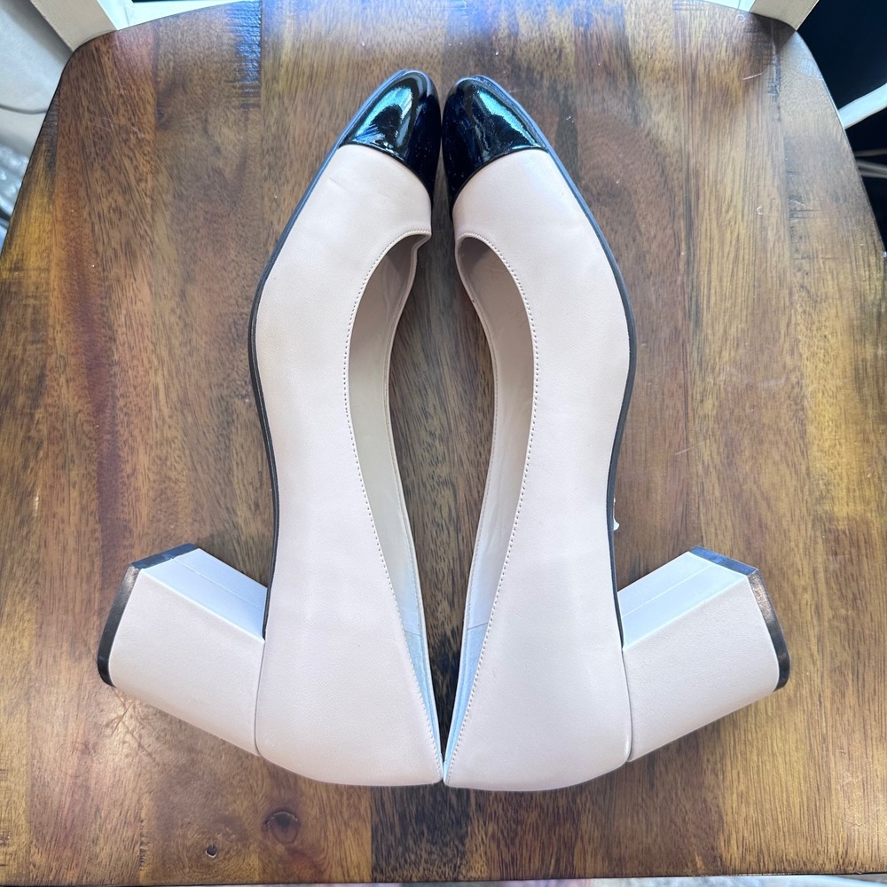 Cole Haan Block Heel Pumps Women 11B Beige Black Cap Toe Leather Career - Picture 6 of 12